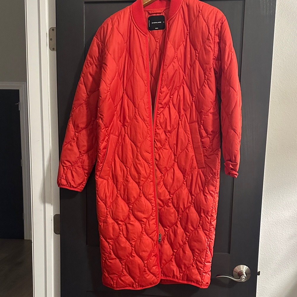Everlane Renew Long Liner Coat Red Quilted by Coat